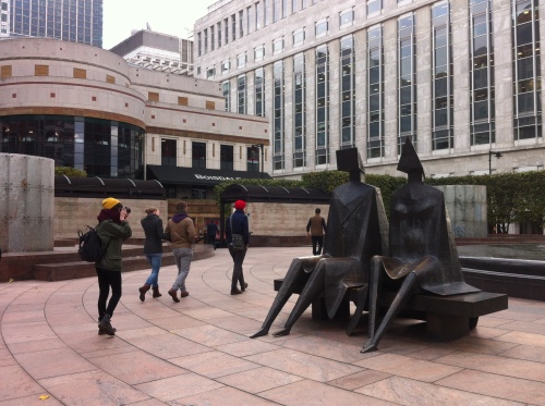 Photographing 'Couple on Street', Lynn Chadwick, (1984), Canary Wharf Public Art Collection, London.